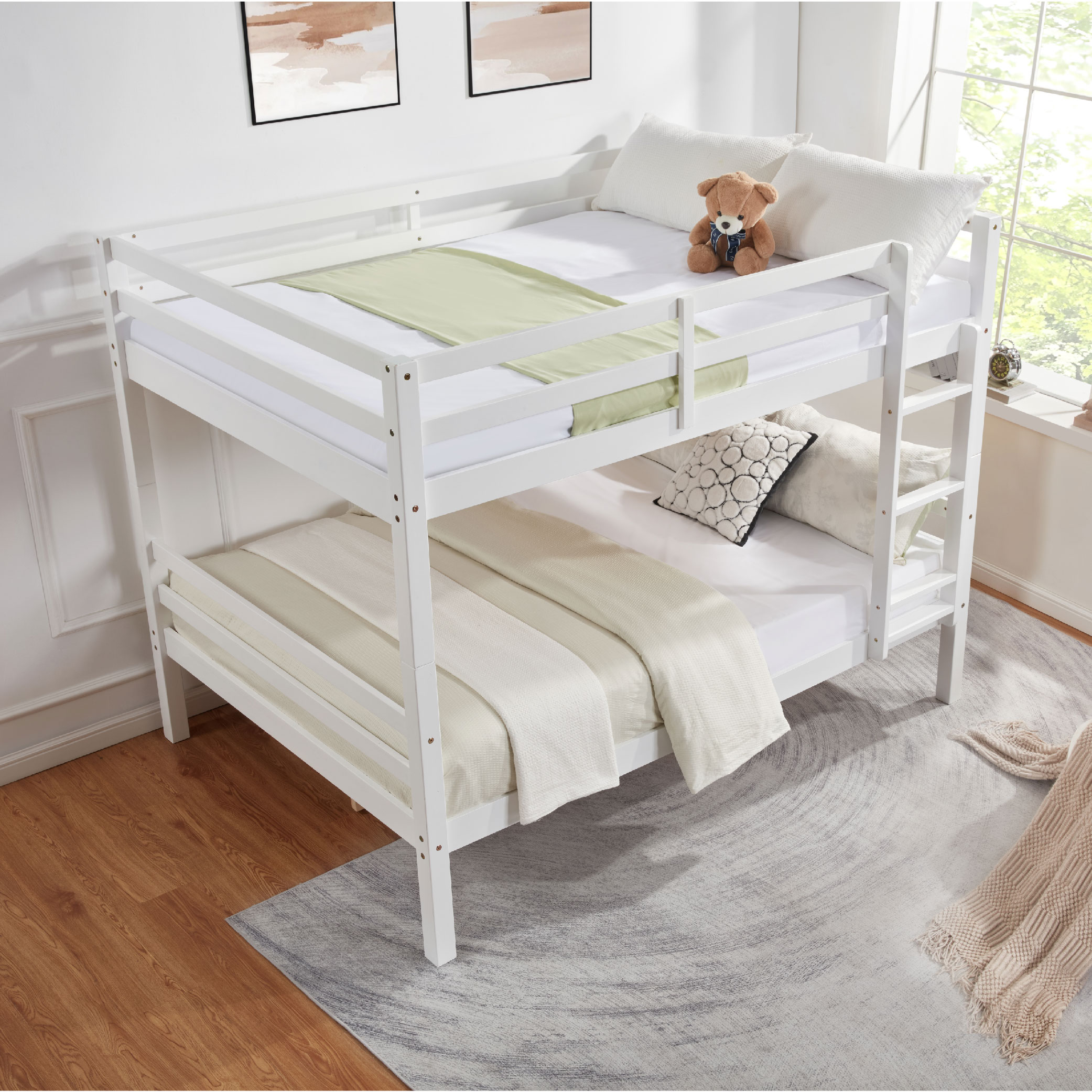 Full over Full Bunk Bed with Thick Posts,Wooden Bunk Bed with High Guardrail and Ladder for Kids, Teens, Dorm Rooms, and Guest Rooms,No Box Spring Needed,White Full over Full Bunk Bed with Thick Posts,Wooden Bunk Bed with High Guardrail and Ladder for Kids, Teens, Dorm Rooms, and Guest Rooms,No Box Spring Needed,White
